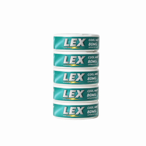 Stack of LEX cool mint 80MG energy drinks on a white background